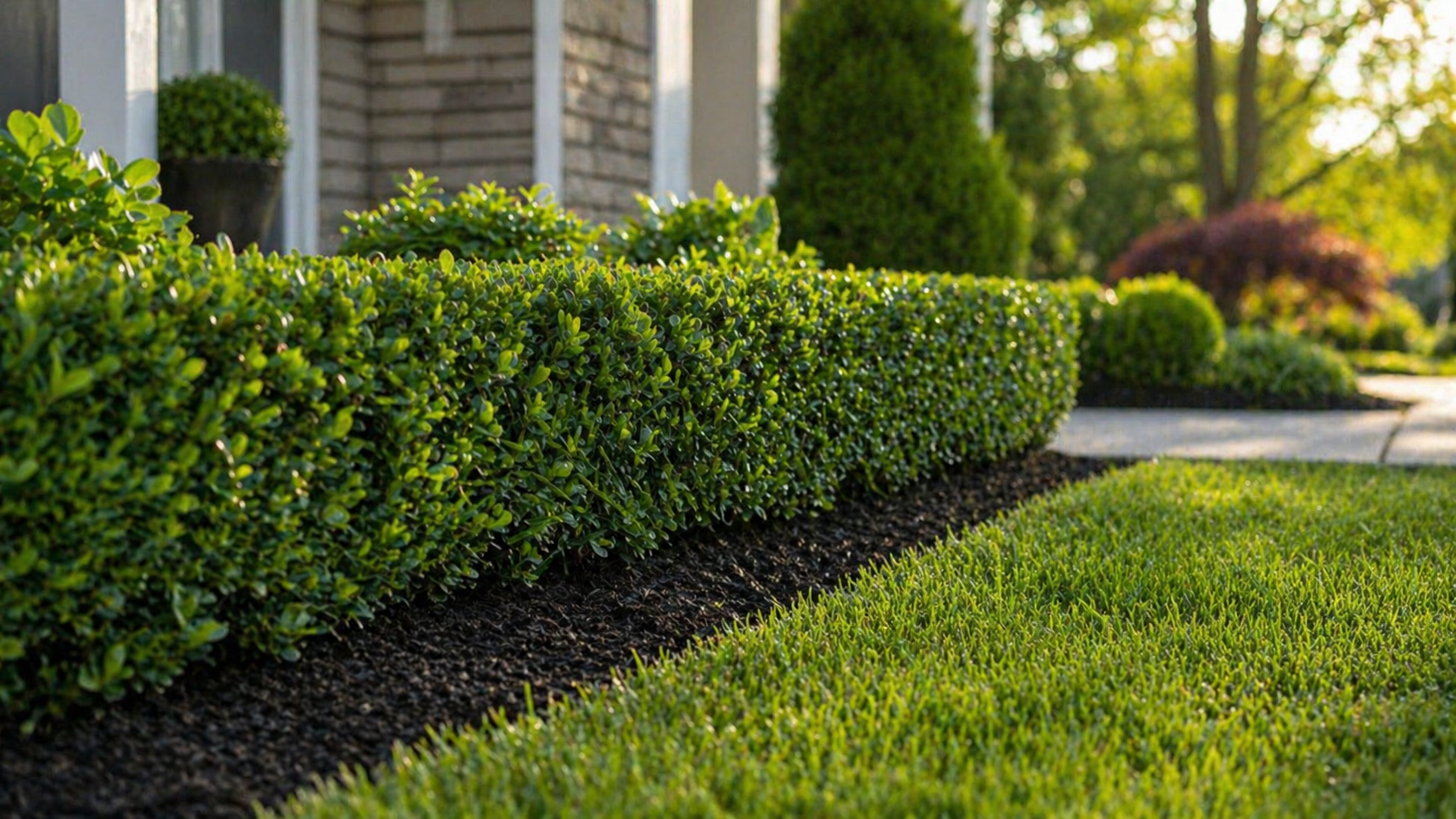 Trimmed hedges and shrubs along a residential property