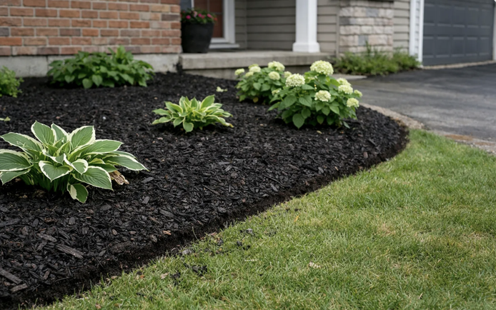 Fresh mulch and garden bed installation at a home